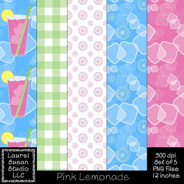 Seamless Pink Lemonade Digital Papers PNG 300 dpi Set of 5 12 x 12 inches Summer Lemon Ice Cubes Gingham Drink Commercial Small Business