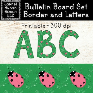 Pink Ladybugs Bulletin Board Border Set Printable Spring Decor Classroom Pastel Letters A-Z Uppercase Lowercase