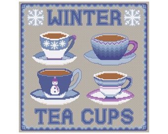 Winter Tea Cups Cross Stitch Pattern, PDF Digital, Snowman, Snow, Snowflake, Cup and Saucer