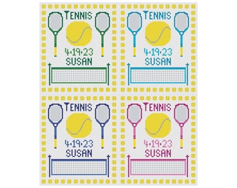 Tennis Cross Stitch Pattern Sports Racket Ball Net, PDF Digital, Four Color Ways with Name and Date