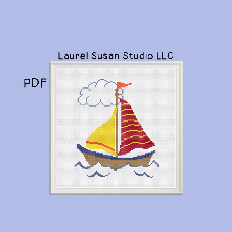 Sailboat Cute Cross Stitch Pattern, PDF Digital, Bright Ocean Waves, Beginner Easy image 1