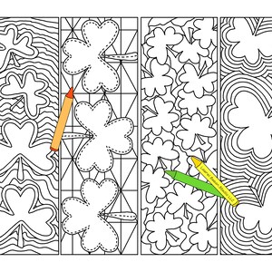 May include: Four printable bookmark designs featuring a shamrock pattern. Each bookmark has a different design, including a wavy pattern, a grid pattern, a scattered pattern, and a swirl pattern. The bookmarks are ready to be colored in.