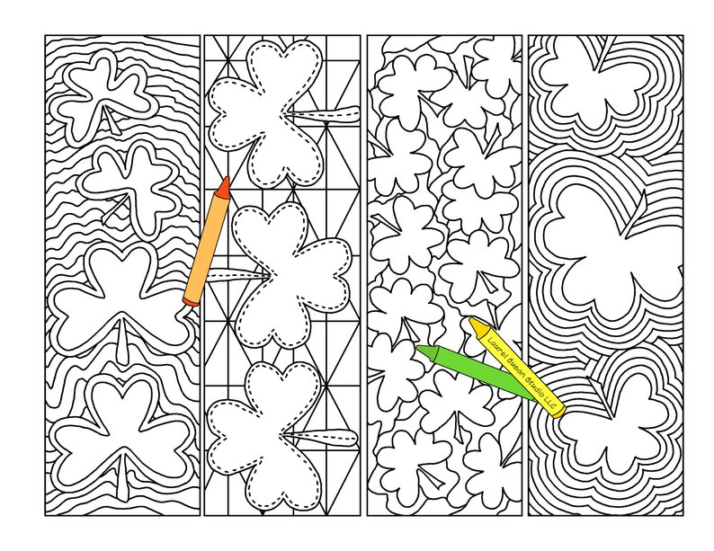 May include: Four printable bookmark designs featuring a shamrock pattern. Each bookmark has a different design, including a wavy pattern, a grid pattern, a scattered pattern, and a swirl pattern. The bookmarks are ready to be colored in.