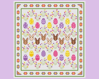 Bunnies and Eggs Spring Easter Bunny Cross Stitch Pattern, PDF Digital, Flowers, Grass, Floral, Pink, Yellow, Lavender