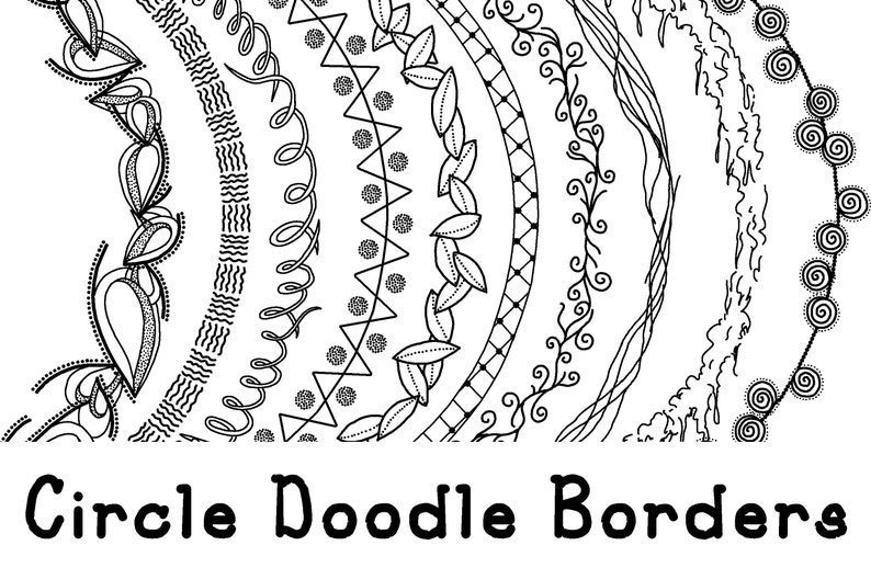 Circle Doodle Borders Clip Art Bundle PNG Blackline Commercial Personal Leaves Swirls Squiggles Round image 1