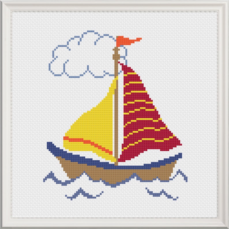 Sailboat Cute Cross Stitch Pattern, PDF Digital, Bright Ocean Waves, Beginner Easy image 2