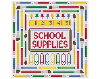 School Supplies Sampler Cross Stitch Pattern, PDF Digital, Pencils, Paint Brushes, Crayons, Paper Clips