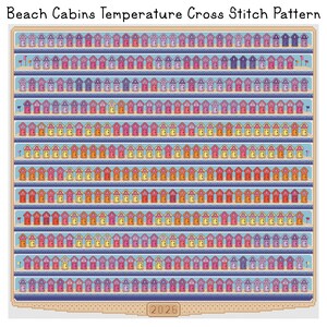 May include: Cross-stitch pattern featuring rows of colorful beach cabins. Each cabin is a different color, including pink, purple, yellow, orange, and red. The cabins are set against a blue background with a border. The text "Beach Cabins Temperature Cross Stitch Pattern" is at the top.