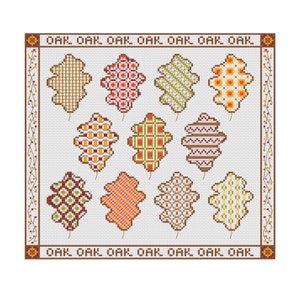 Autumn Fall Oak Leaves Cross Stitch Pattern, PDF Digital, Harvest Leaf