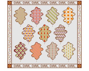 Autumn Fall Oak Leaves Cross Stitch Pattern, PDF Digital, Harvest Leaf