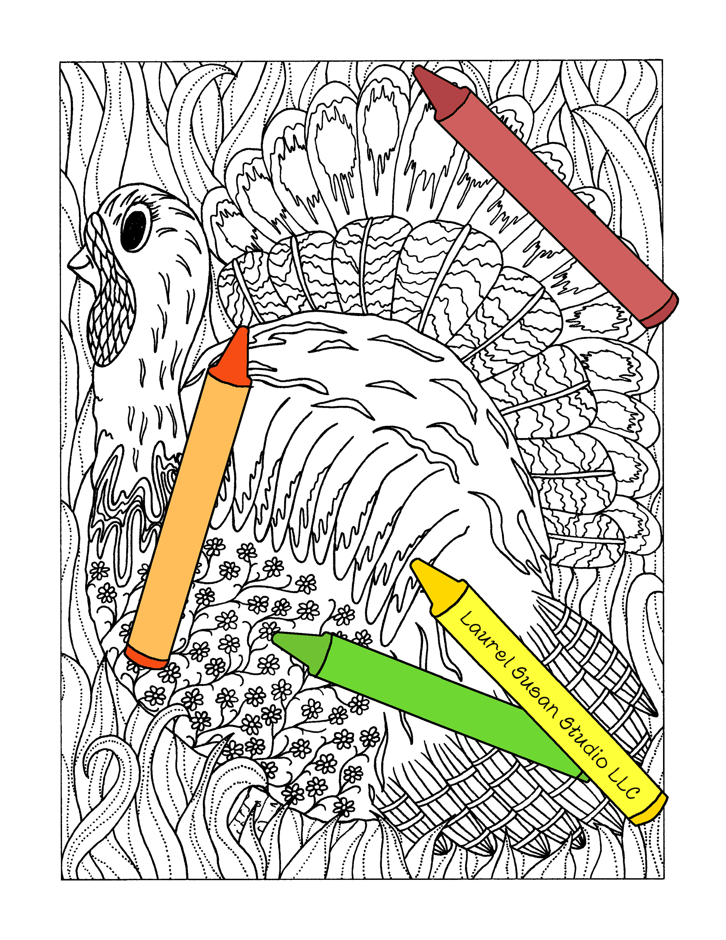 Thanksgiving Turkey Coloring Page, Adult Coloring Page, Turkey Feathers ...