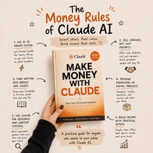 May include: A book titled Make Money With Claude, 2026 Edition, with a beige and orange gradient cover. The text reads: The Money Rules of Claude AI, Start Your AI Income System, Freelancing, Digital Products, AI Services, and six numbered points.