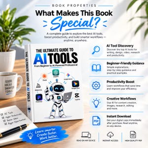 May include: A white book titled The Ultimate Guide to AI Tools featuring a cartoon robot illustration and various AI software logos. The cover text includes From Beginner to AI-Powered Professional. The book is displayed with a list of features.