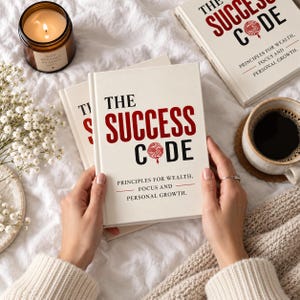 May include: A hardcover book titled The Success Code with a white cover, red and black text, and a circular graphic. The subtitle reads Principles for Wealth, Focus and Personal Growth. The book is held against a white textured fabric background.
