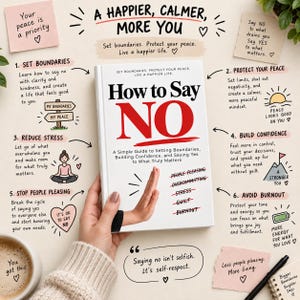 May include: A white book titled How to Say NO with a red NO, featuring a hand illustration on the cover. The surrounding text outlines six steps for setting boundaries, reducing stress, and building confidence, with notes on self-respect and peace.