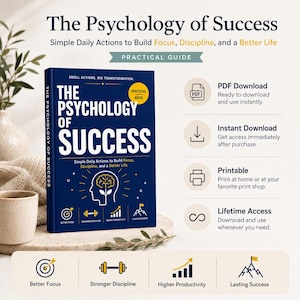 Op de afbeelding: Een donkerblauwe digitale gids getiteld The Psychology of Success met witte tekst en gele accenten. De cover toont een hersenpictogram met een plant, plus iconen voor focus, discipline, productiviteit en succes. Het vermeldt PDF-download, directe toegang, printbaar en levenslange toegang.