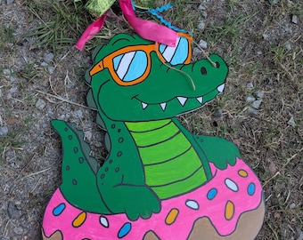 Sunshine, Smiles & Summer Vibes gator croc float floating donut cute whimsical door hanger or yard stake