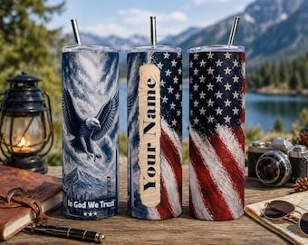 Patriotic Eagle Tumbler Design Bundle | 20oz Skinny Tumbler Wrap PNG | American Flag, Eagle, “In God We Trust” Sublimation Design