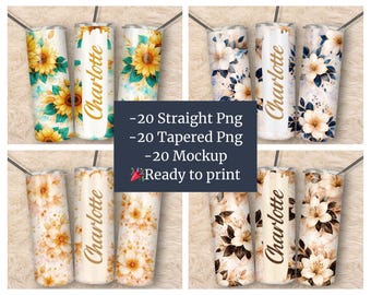 20 PNG Flowers Tumbler Sublimation Designs | Custom Text | PNG Bundle