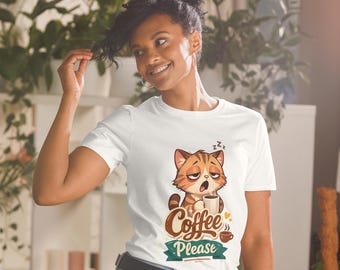 Funny Coffee Cat T-Shirt – Sleepy Cat Graphic Tee, Cute Coffee Lover Shirt, Casual Wear