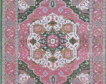Handgeknüpfter Oushak Teppich | Rosa Grüner Vintage Style Wollteppich