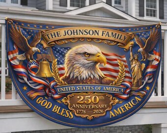 Bandera patriótica personalizada del 250 aniversario: Águila de EE. UU. y la inscripción "Dios bendiga a América".