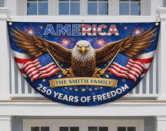 Bandera de EE. UU. personalizada, 250 aniversario (1776-2026), estandarte patriótico con nombre familiar personalizado, águila americana, fuegos artificiales, decoración del Día de la Independencia
