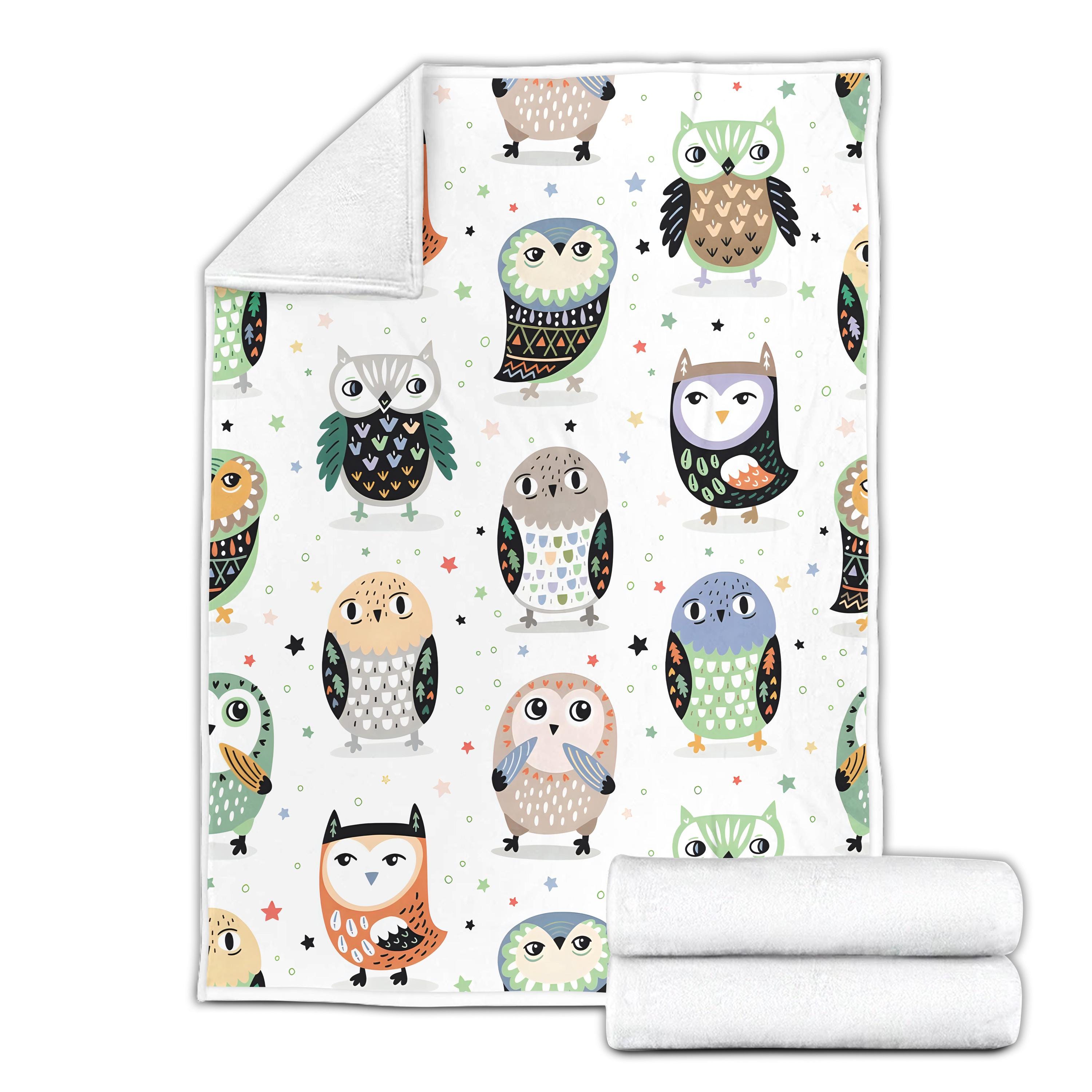 Cute Owl Fleece Blanket – Colorful Cartoon Owl Pattern Throw, Nursery Forest Ani