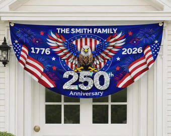 Pancarta personalizada del 250 aniversario de EE. UU.: Decoración patriótica para el Día de la Independencia con el apellido de la familia.