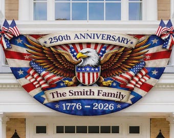 Decoración personalizada con la bandera de EE. UU. para el 250 aniversario: Bandera personalizada con el nombre de la familia y el águila.