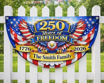 Bandera personalizada de Estados Unidos para el 250 aniversario: decoración con águila patriótica y apellido familiar.