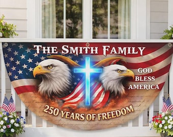 Bandera de EE. UU. personalizada con el nombre de la familia para el 250 aniversario, decoración patriótica con águila.