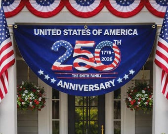 Pancarta personalizada del 250 aniversario de EE. UU.: Decoración patriótica con nombre familiar personalizado