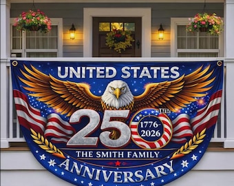 Pancarta del 250 aniversario de Estados Unidos, decoración personalizada para porche con águila patriótica y nombre familiar.