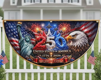 Bandera del 250 aniversario de EE. UU., pancarta familiar personalizada, decoración patriótica de fuegos artificiales con águila 1776-2026, bandera para el porche del Día de la Independencia.