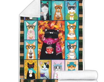 Manta polar con diseño de gatos de café, estilo edredón 3D, regalo artístico otoñal