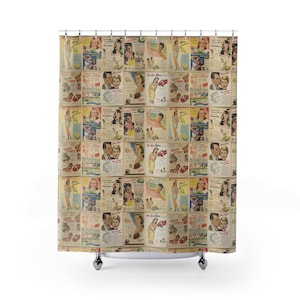 Cortina de ducha con collage de revistas retro, decoración de baño de los años 50
