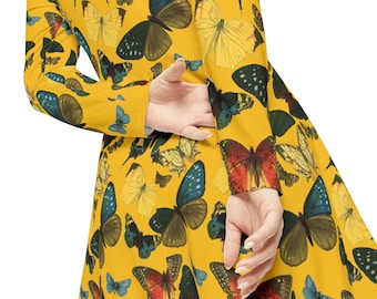 Victorian Butterfly Dress 1800s Illustration on Yellow, Insect, Cottagecore