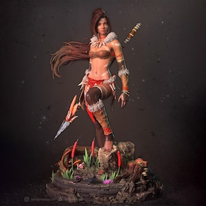 Nidalee Fanart STL-standbeeld + buste | Schaal 1/6 | Jungle Huntress met speer en beestbasis | 3D STL-afdrukbestand Model downloaden