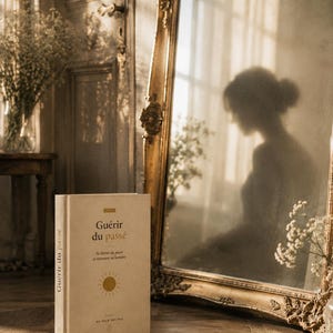 May include: A cream-colored hardcover book titled Guérir du passé with a gold sun icon on the cover. The book is positioned in front of a large, ornate, gold-framed floor mirror that reflects a silhouette of a person in a sunlit room.