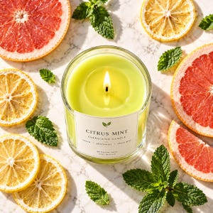 Peut inclure: Une bougie allumée vert citron dans un pot en verre transparent avec une étiquette blanche portant l'inscription Citrus Mint Energizing Candle, Lemon, Grapefruit, Fresh Mint, Brighter Days Collection, entourée de pamplemousse et citron.