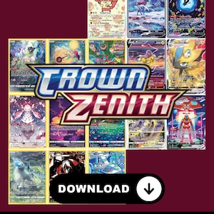 Op de afbeelding: Een verzameling Crown Zenith-ruilkaarten, met diverse kleurrijke illustraties van personages en wezens. De kaarten zijn gerangschikt op een bordeauxrode achtergrond, met het logo van de set en een downloadknop. De tekst onderaan luidt "Master Set + Complete Set + Check List."