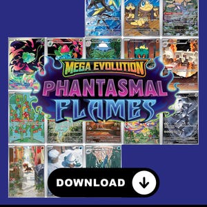 Puede incluir: Un conjunto de cartas coleccionables con ilustraciones de criaturas y personajes. El logotipo central dice "MEGA EVOLUTION PHANTASMAL FLAMES". Las cartas están sobre un fondo azul oscuro, con un botón de descarga.