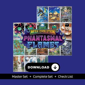 May include: A collection of trading cards featuring various characters and designs, with the text "MEGA EVOLUTION PHANTASMAL FLAMES" in the center. A black button with the word "DOWNLOAD" and an arrow is at the bottom. The background is a solid dark blue.