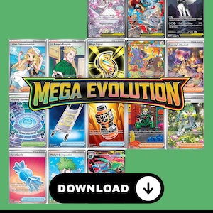 May include: A collection of Pokémon trading cards, featuring various characters and designs. The cards are arranged on a green background, with the words "MEGA EVOLUTION" prominently displayed. A download button is also visible.