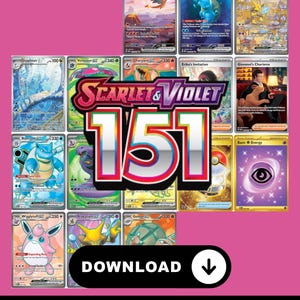 Op de afbeelding: Een verzameling Pokémon-kaarten uit de Scarlet & Violet 151-set, met verschillende personages en ontwerpen. De afbeelding bevat een downloadknop en de tekst "Master Set + Complete Set + Check List."