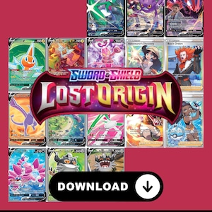 May include: A collection of Pokémon trading cards from the "Sword & Shield: Lost Origin" set, featuring various Pokémon characters and trainer cards. The image includes a "Download" button and text at the bottom: "Master Set + Complete Set + Check List."