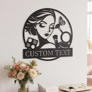 Minimalist Metal Makeup Decor, Female Silhouette Wall Art, Vanity Station Sign, Unique Gift for Her, Modern Beauty Studio Metal Wall Art