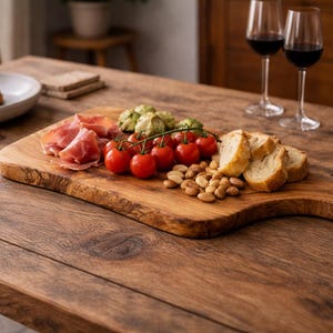 Könnte beinhalten: Ein Holzservierbrett mit verschiedenen Vorspeisen, darunter geschnittener Prosciutto, Kirschtomaten, Artischockenherzen, geröstetes Brot und Nüsse. Im Hintergrund stehen zwei Weingläser mit Rotwein. Das Essen ist auf einem rustikalen Holztisch angerichtet.