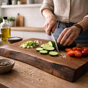 Pode incluir: Uma tábua de corte de madeira espessa e retangular com uma borda natural, apresentando um veio de madeira castanho-escuro. Pepinos fatiados, tomates cereja cortados ao meio e cebolinho picado estão dispostos na superfície com uma faca.
